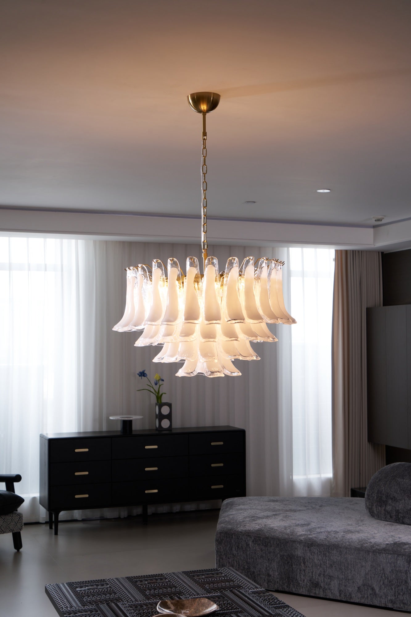 Fiora Pink Glass Chandelier - Elegant Design with Adjustable Height &