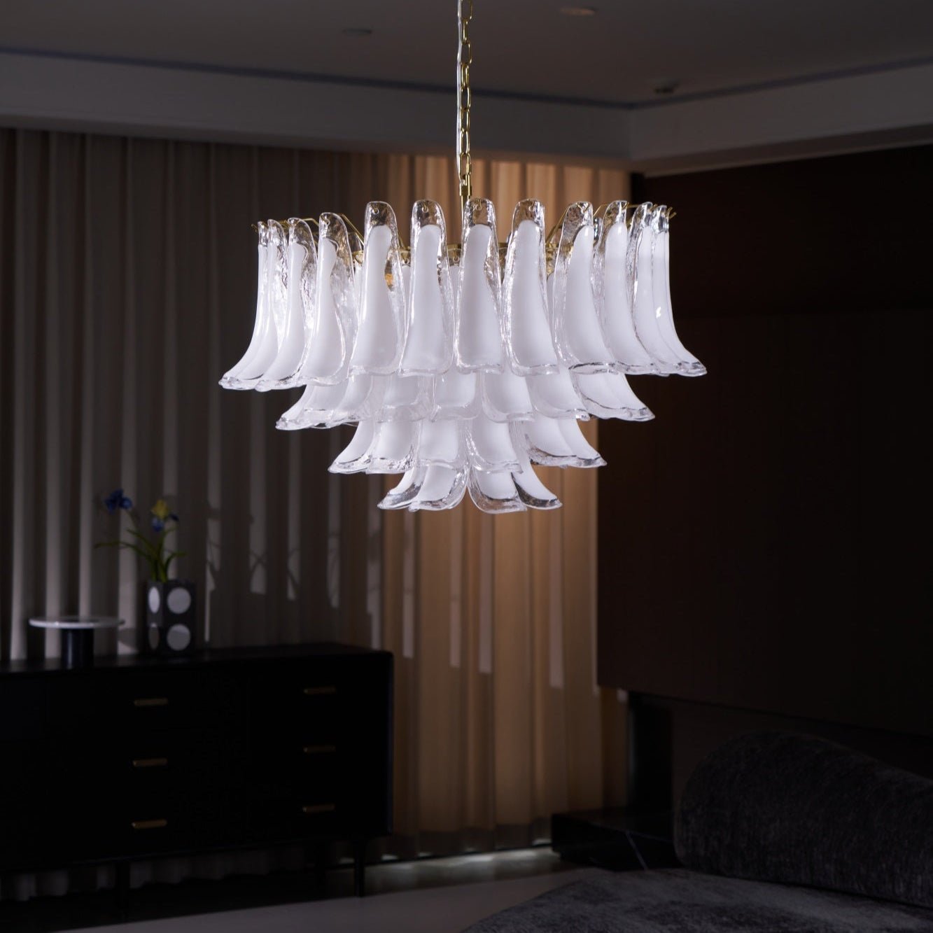Fiora Pink Glass Chandelier - Elegant Design with Adjustable Height &