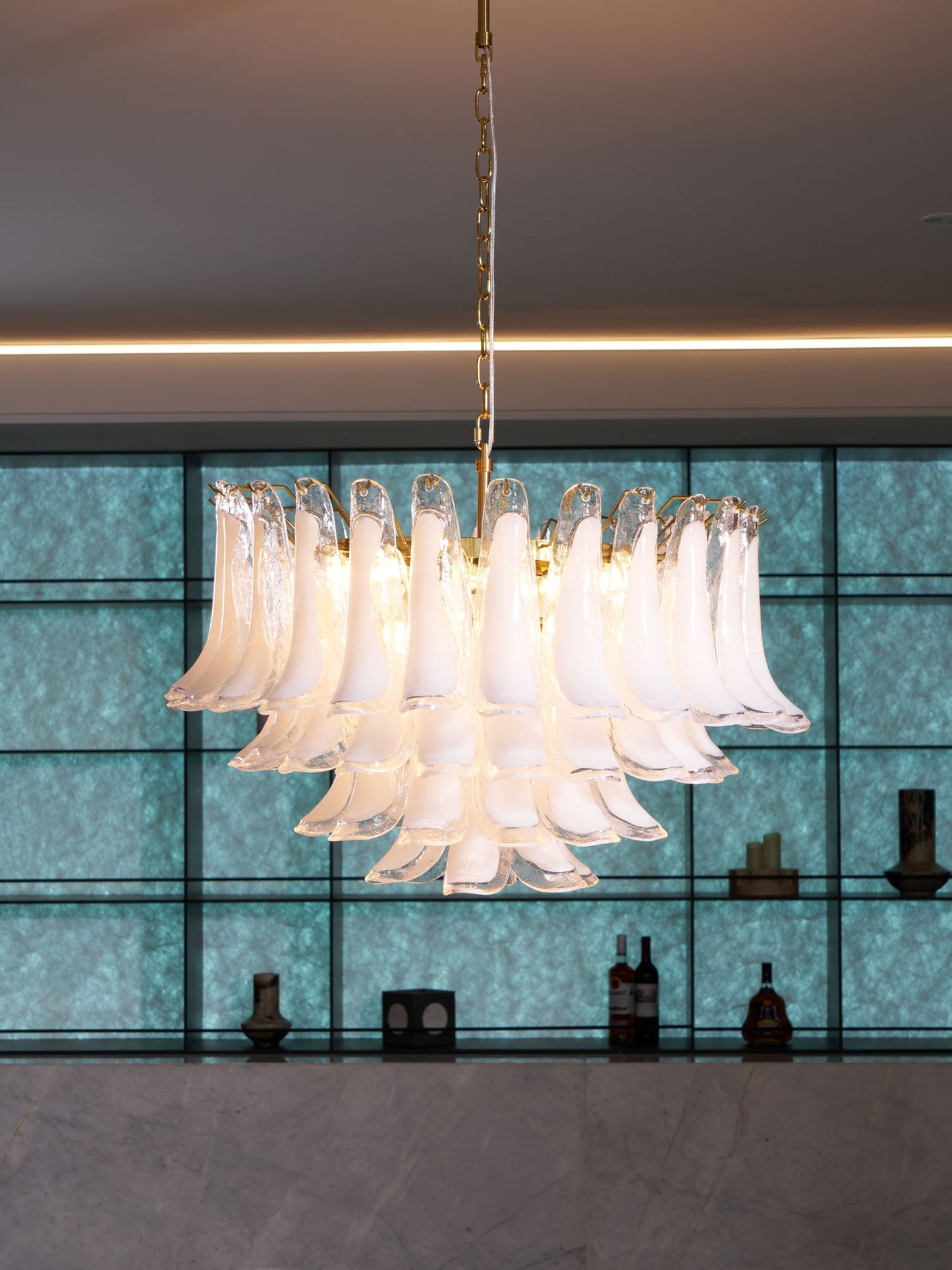 Fiora Pink Glass Chandelier - Elegant Design with Adjustable Height &