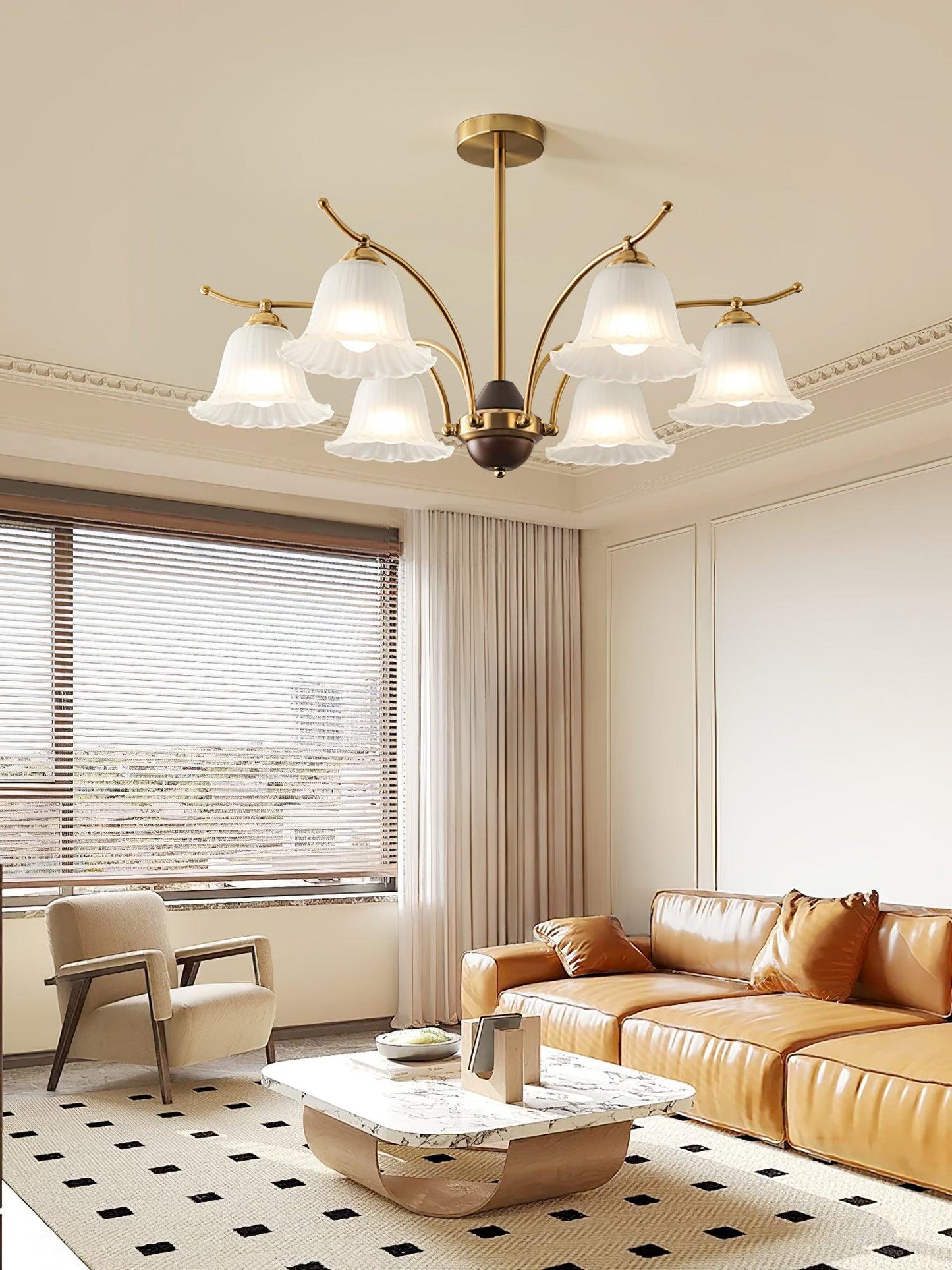 Flora Brass Alabaster Chandelier - Elegant Design with Adjustable Heig