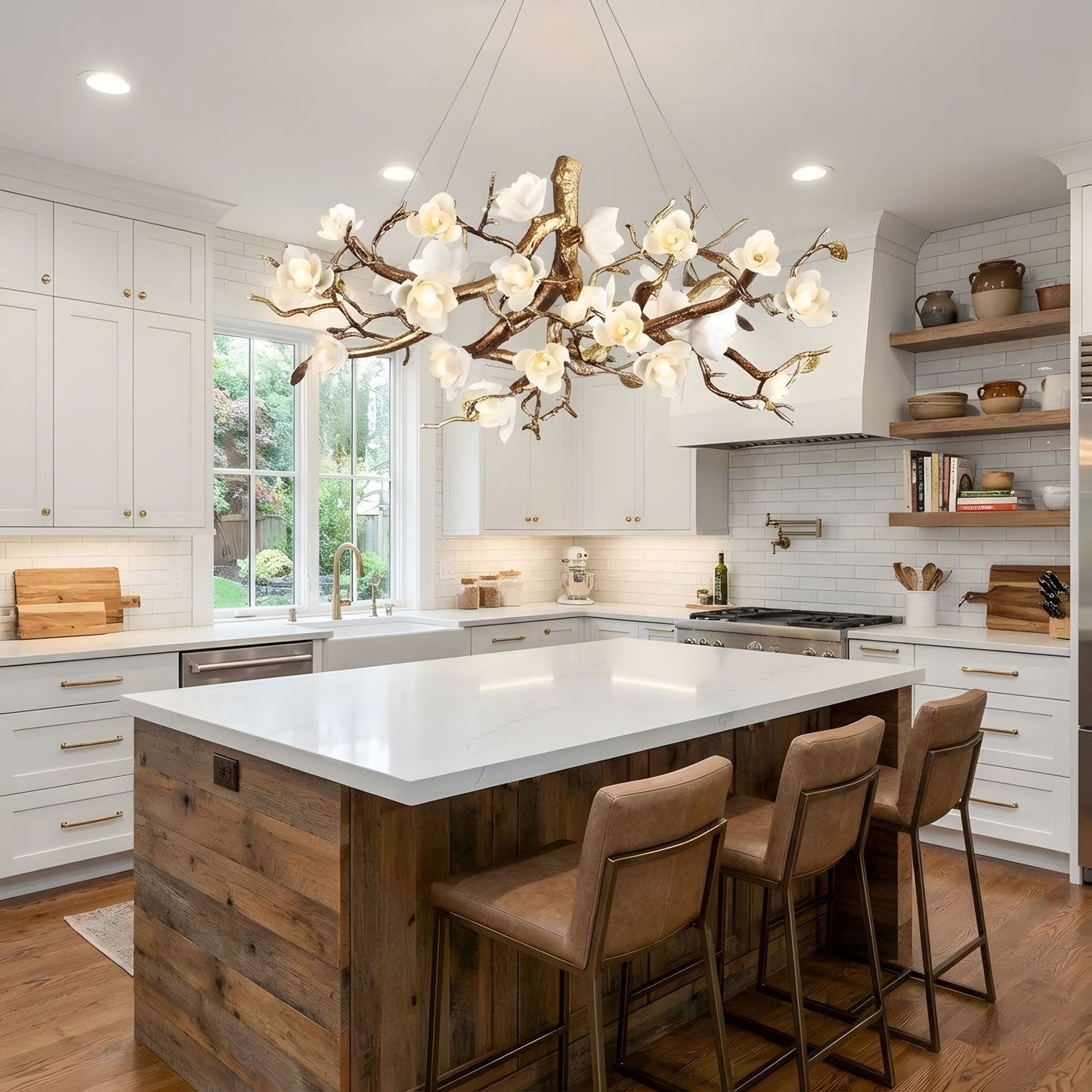 Elegant Brass Flower Bloom Chandelier with Adjustable Arms & LED Compa