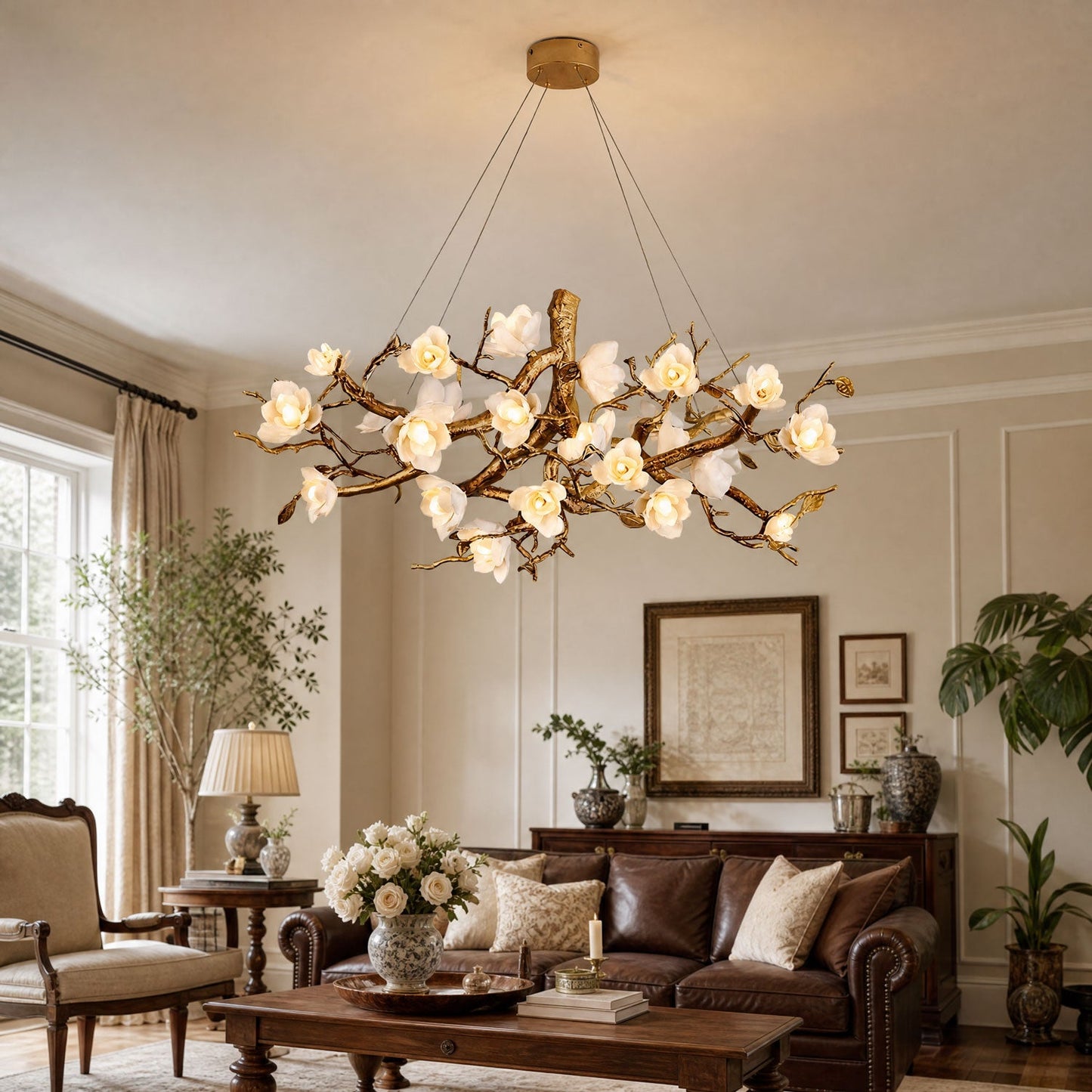Elegant Brass Flower Bloom Chandelier with Adjustable Arms & LED Compa
