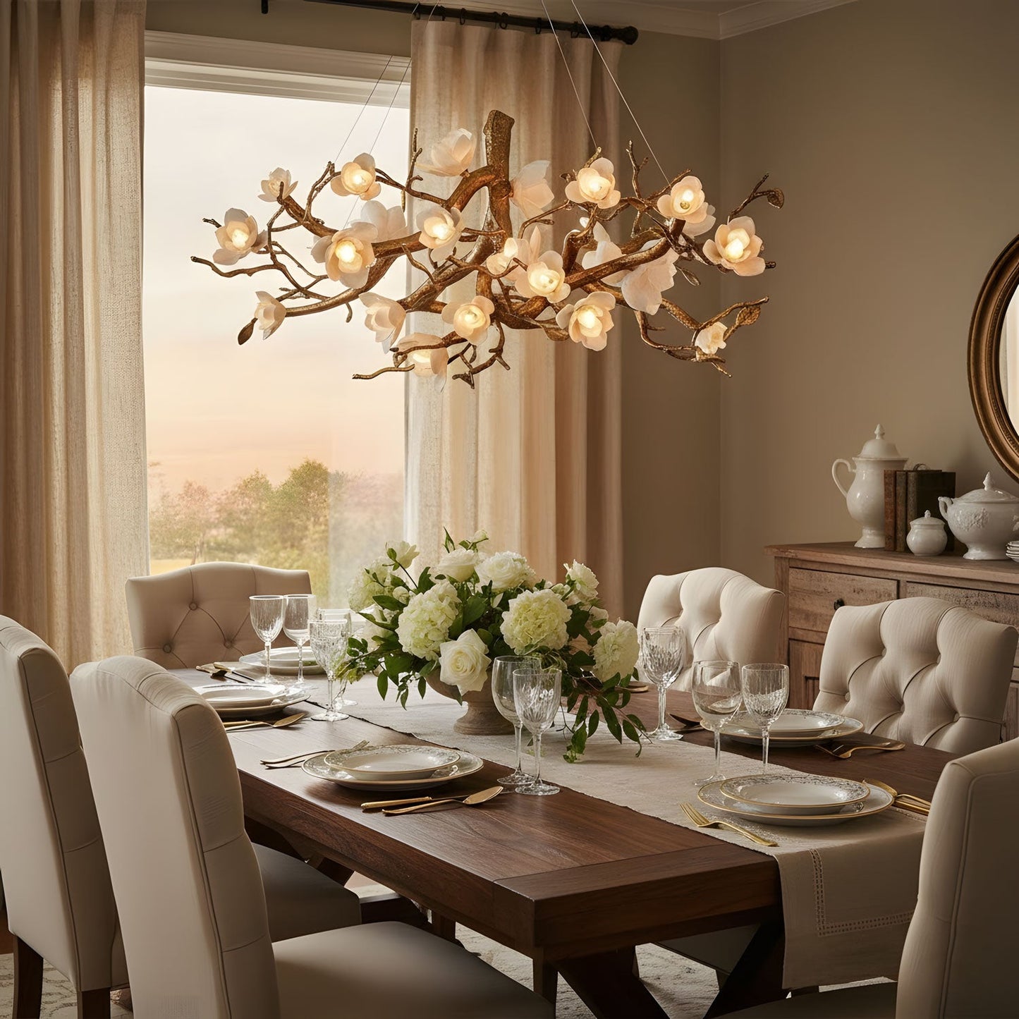 Elegant Brass Flower Bloom Chandelier with Adjustable Arms & LED Compa