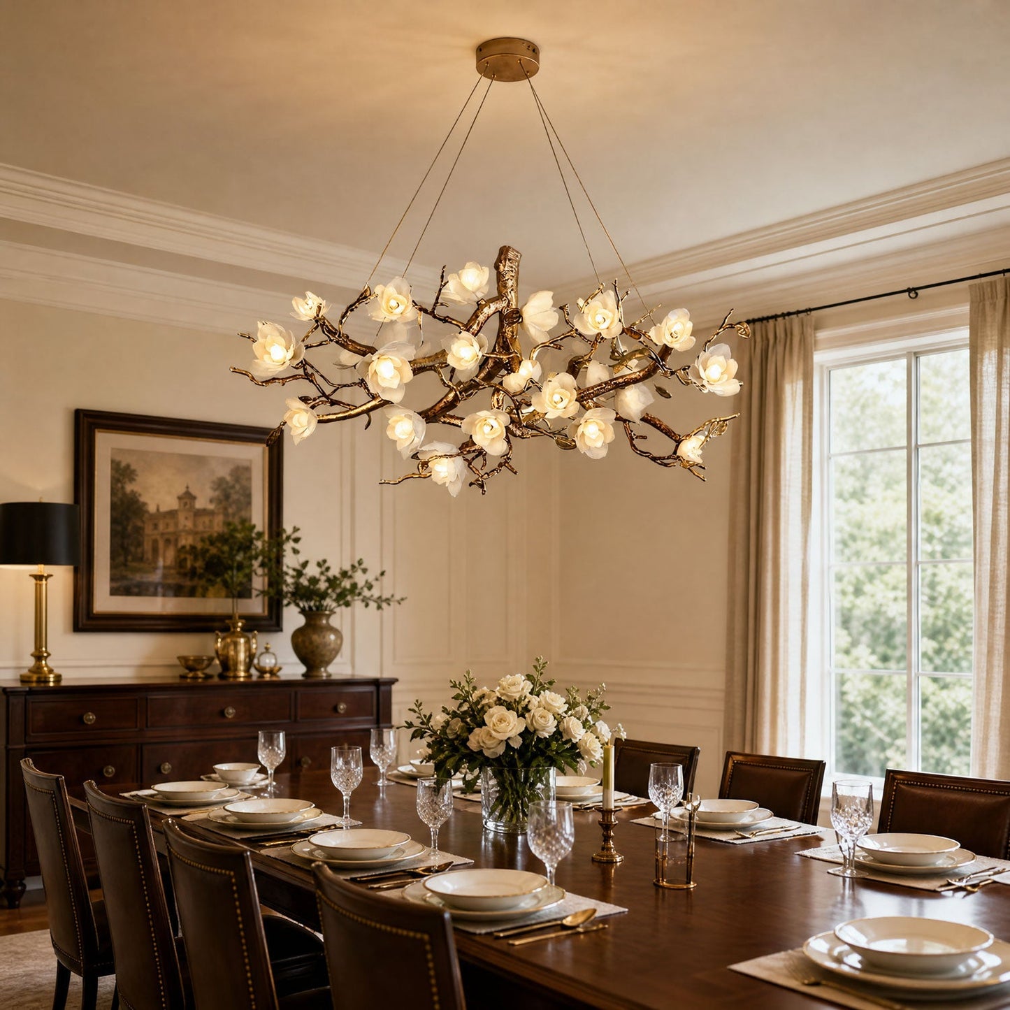 Elegant Brass Flower Bloom Chandelier with Adjustable Arms & LED Compa