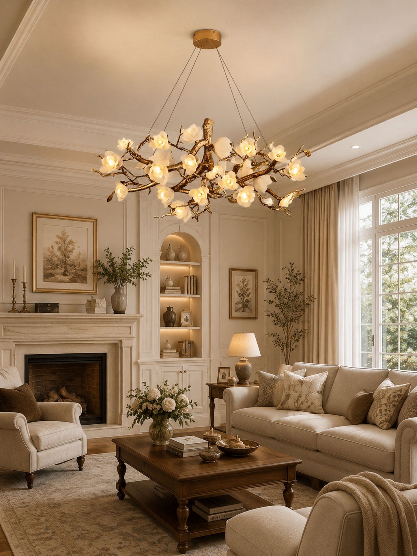 Elegant Brass Flower Bloom Chandelier with Adjustable Arms & LED Compa