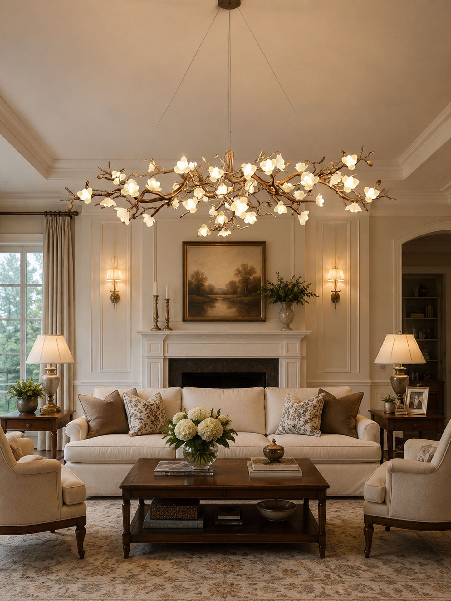 Elegant Brass Flower Bloom Chandelier with Adjustable Arms & LED Compa