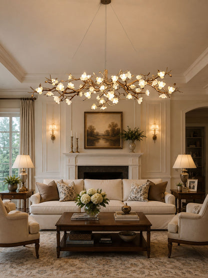 Elegant Brass Flower Bloom Chandelier with Adjustable Arms & LED Compa