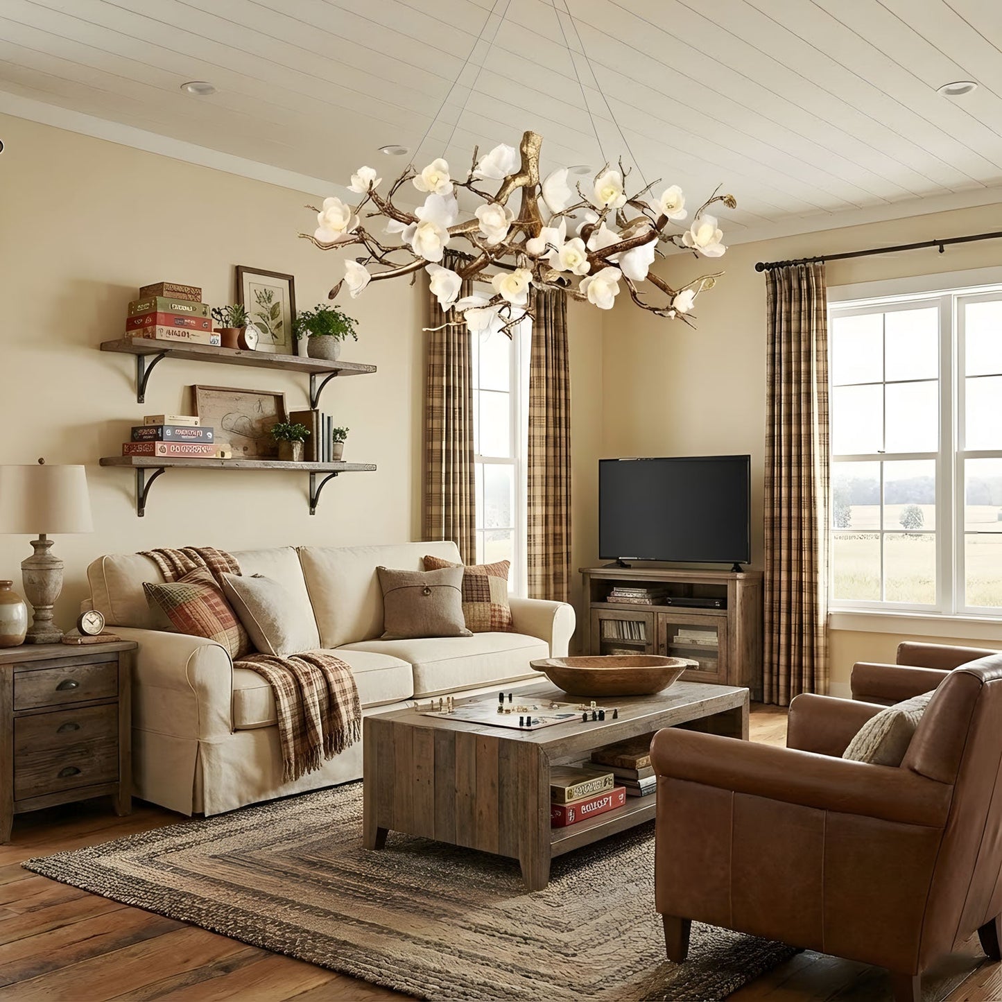 Elegant Brass Flower Bloom Chandelier with Adjustable Arms & LED Compa