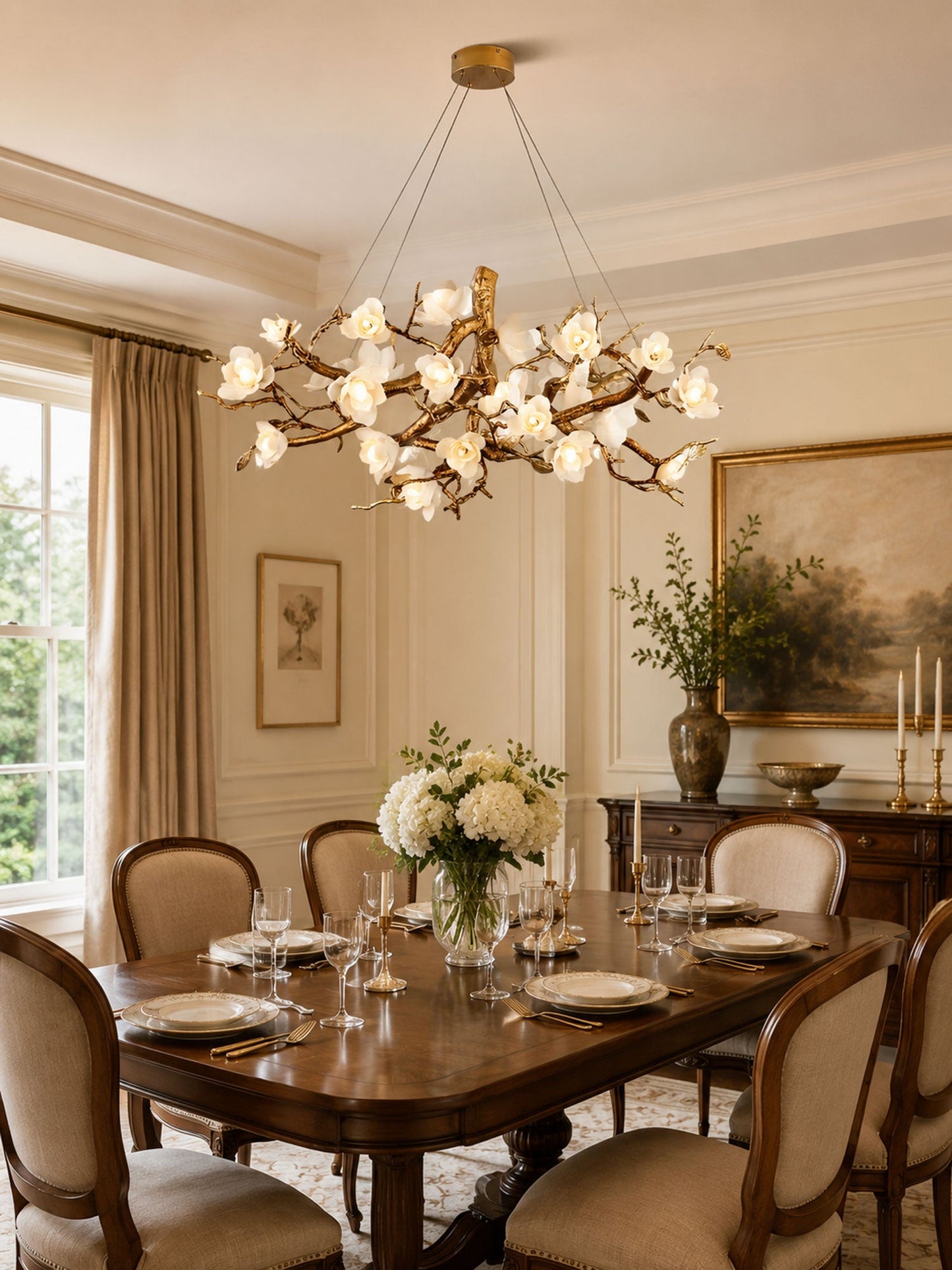 Elegant Brass Flower Bloom Chandelier with Adjustable Arms & LED Compa