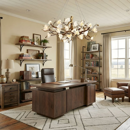 Elegant Brass Flower Bloom Chandelier with Adjustable Arms & LED Compa