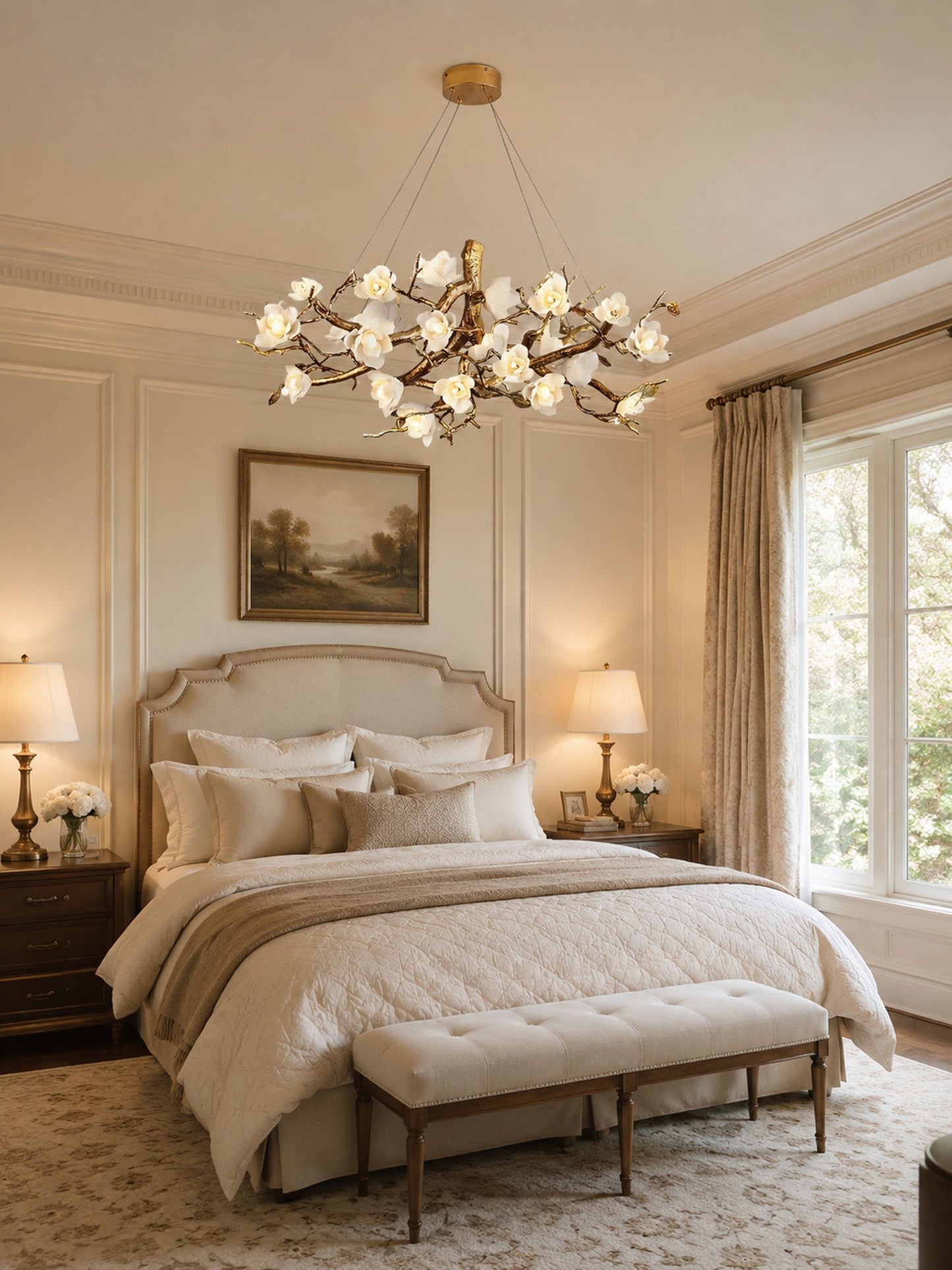 Elegant Brass Flower Bloom Chandelier with Adjustable Arms & LED Compa
