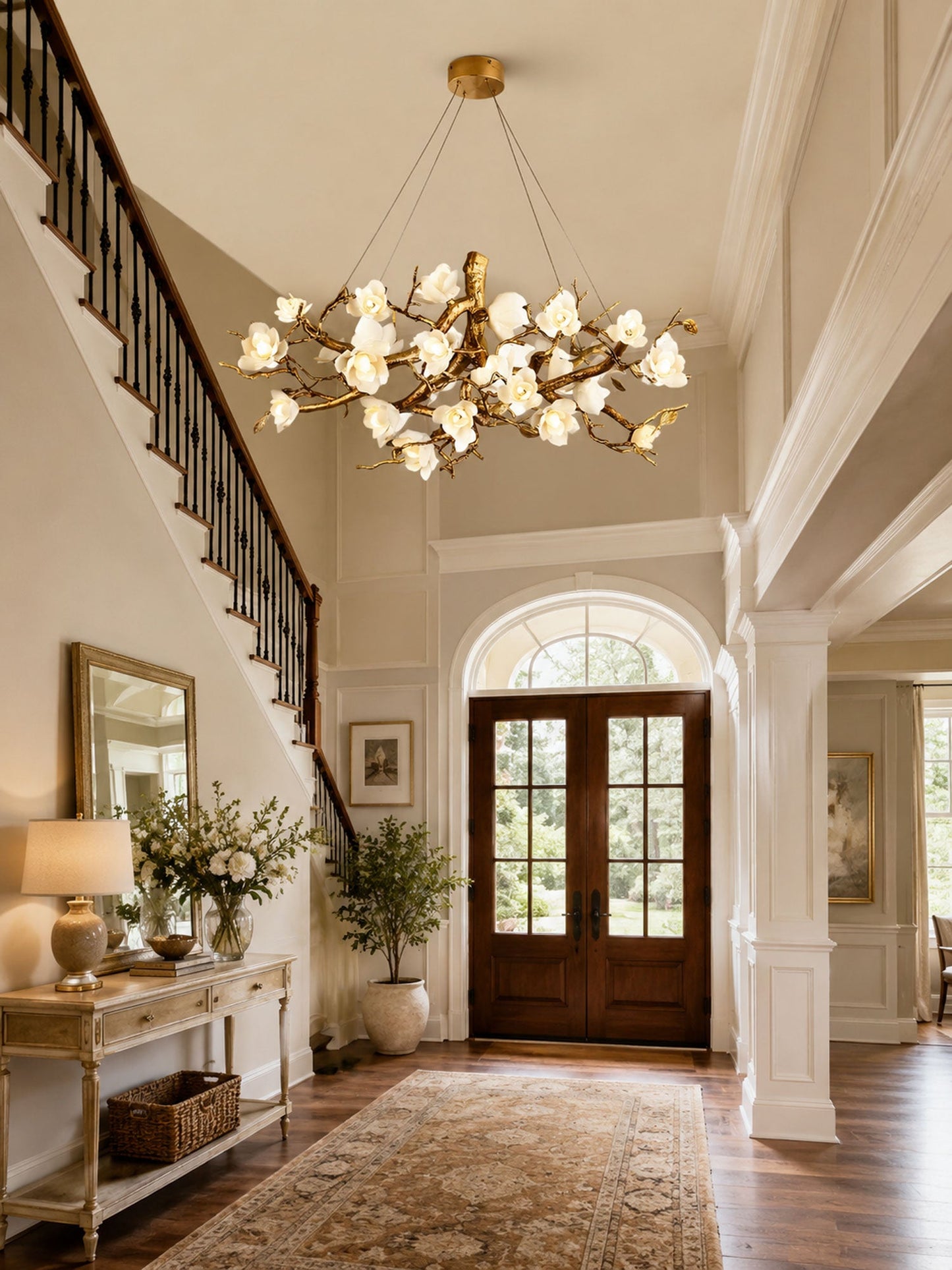 Elegant Brass Flower Bloom Chandelier with Adjustable Arms & LED Compa