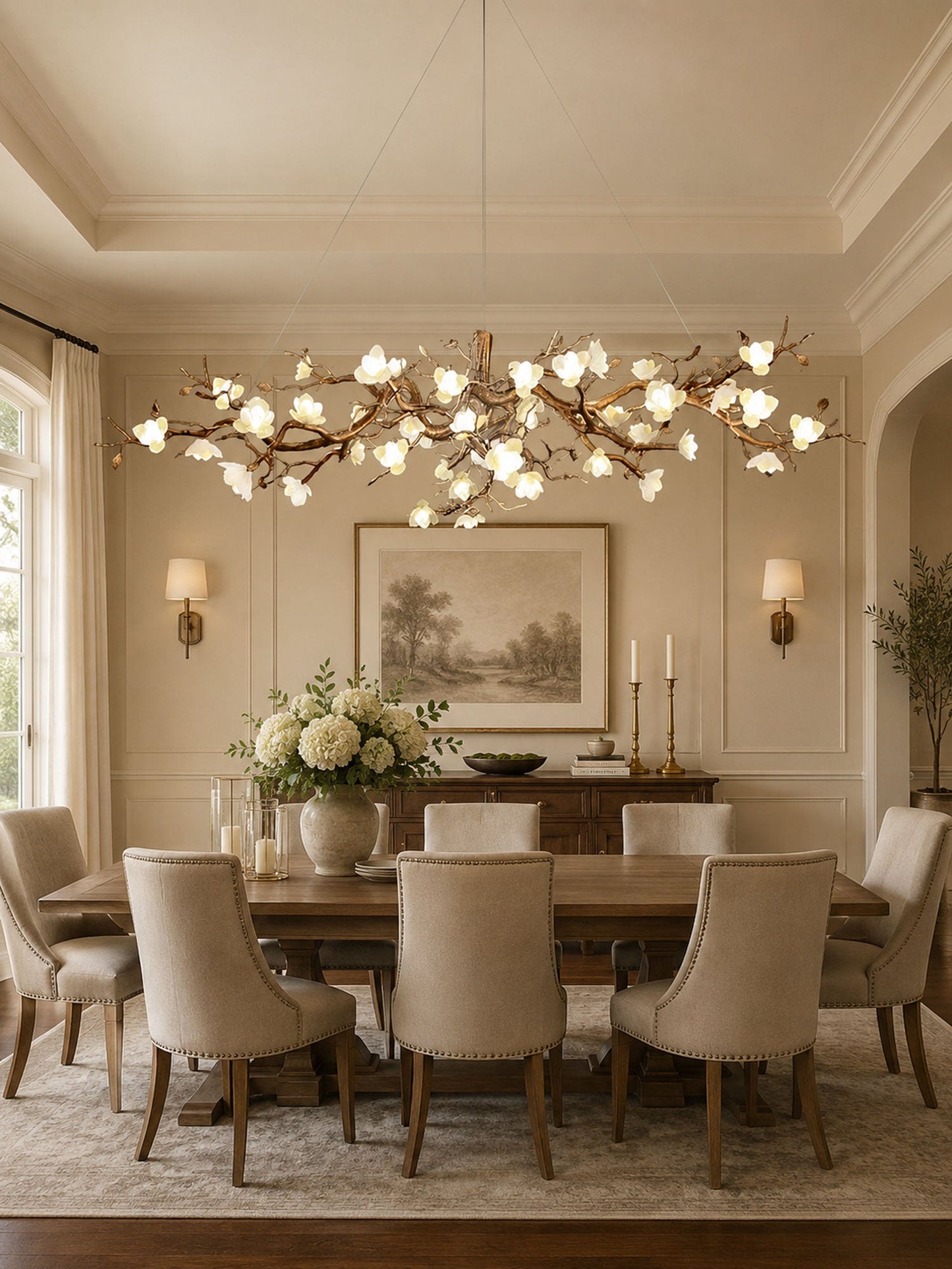 Elegant Brass Flower Bloom Chandelier with Adjustable Arms & LED Compa