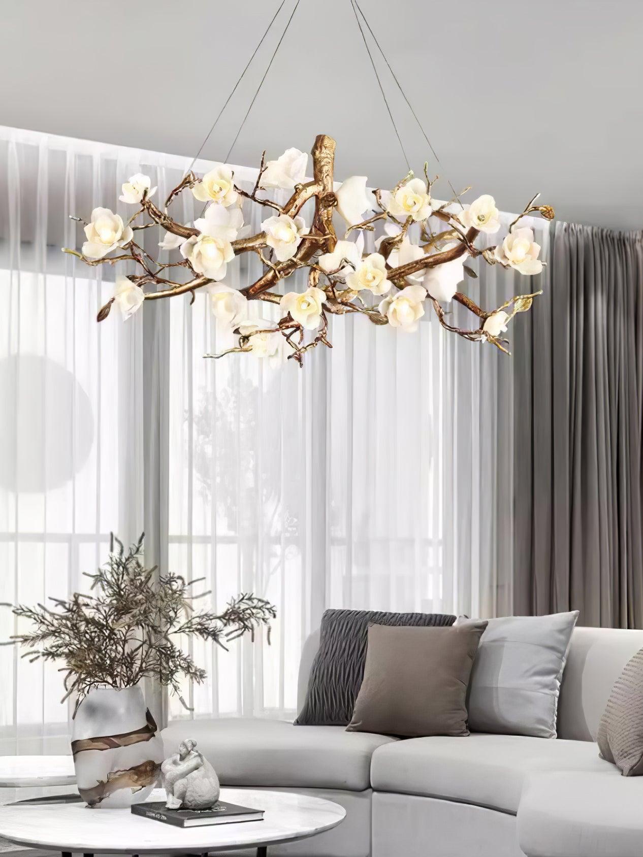Elegant Brass Flower Bloom Chandelier with Adjustable Arms & LED Compa