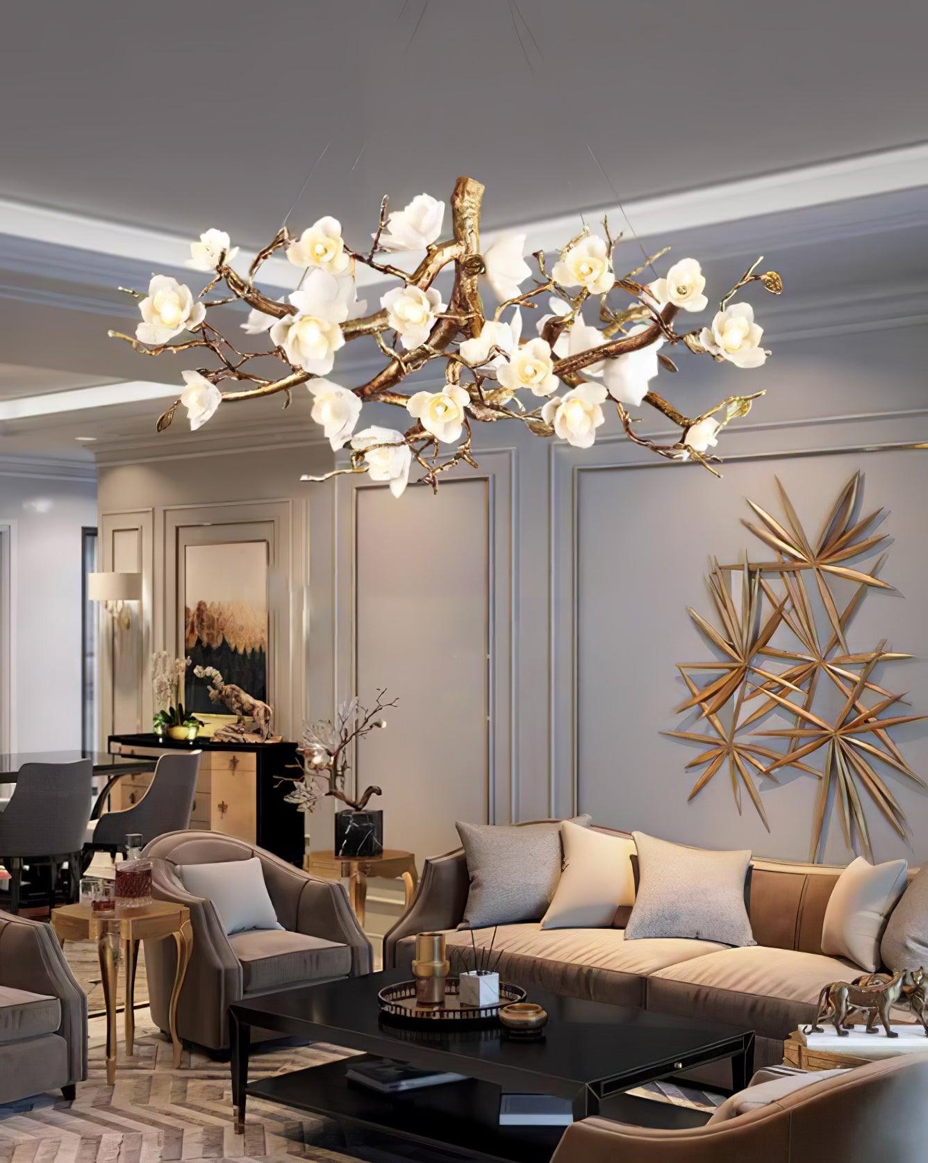 Elegant Brass Flower Bloom Chandelier with Adjustable Arms & LED Compa