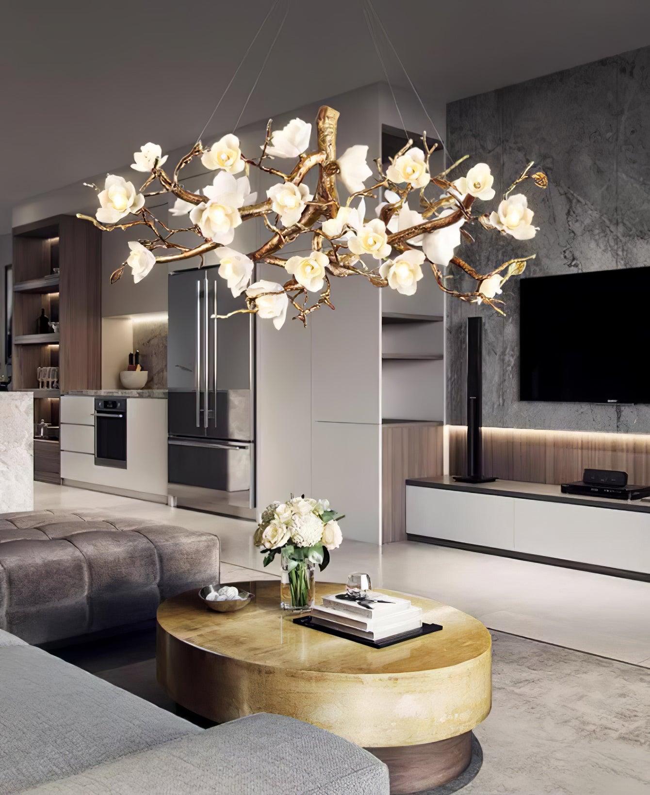 Elegant Brass Flower Bloom Chandelier with Adjustable Arms & LED Compa