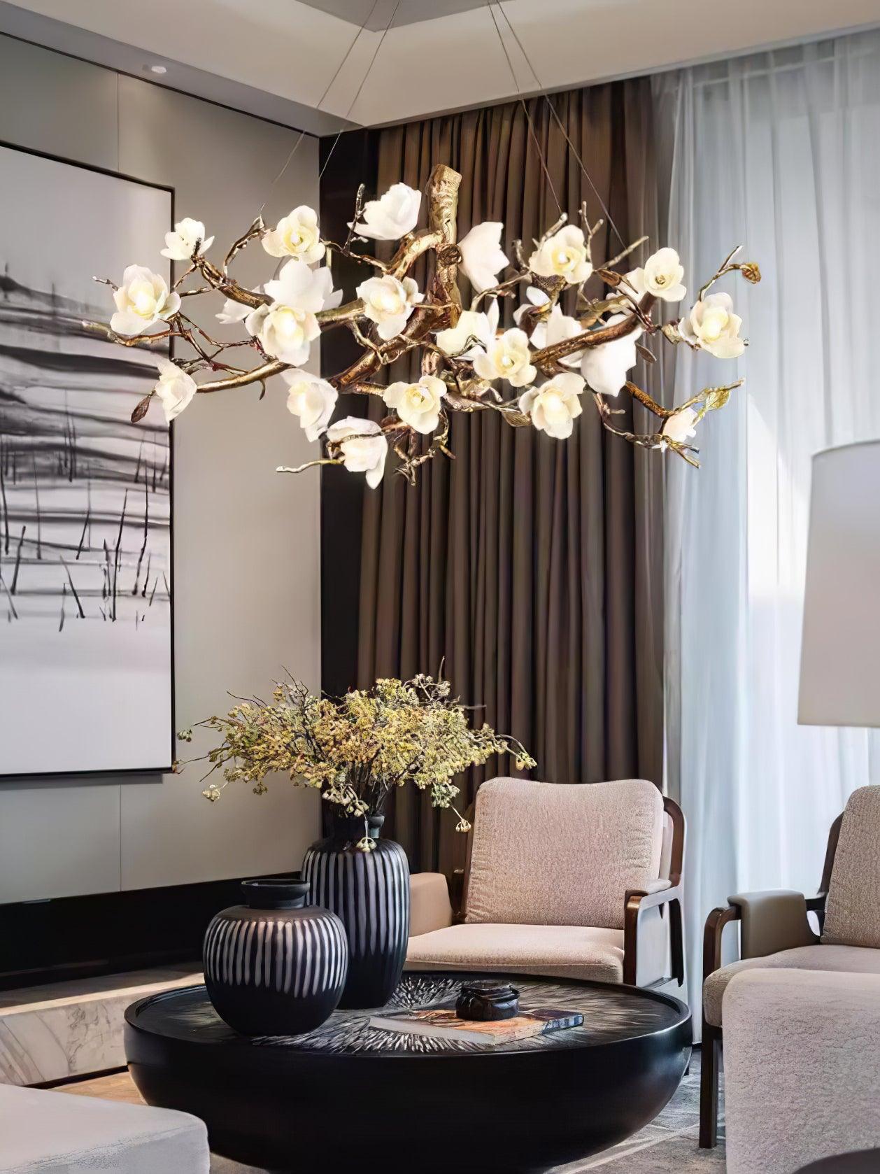 Elegant Brass Flower Bloom Chandelier with Adjustable Arms & LED Compa
