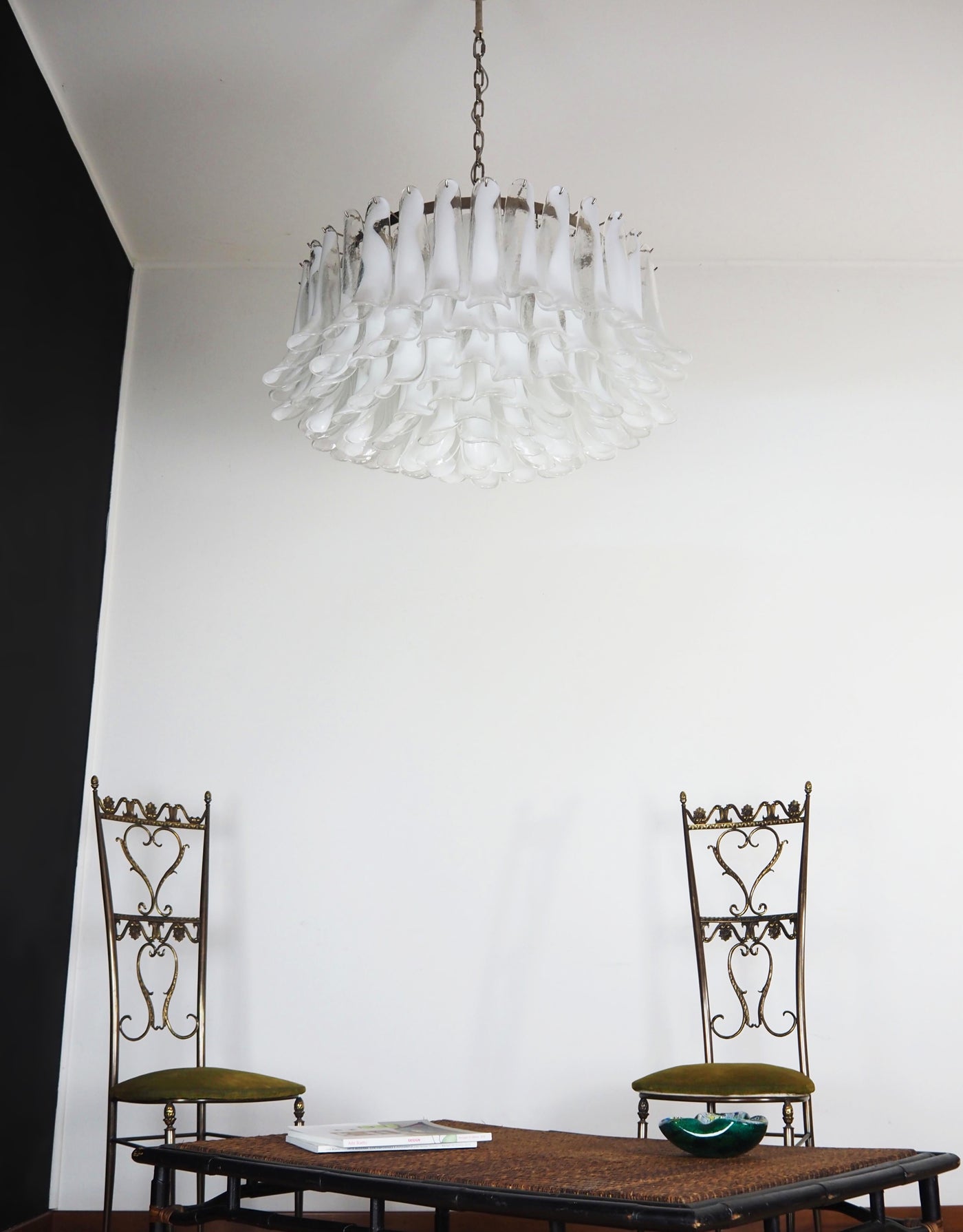Elegant White Glass Chandelier with Floral Petals & Adjustable Height