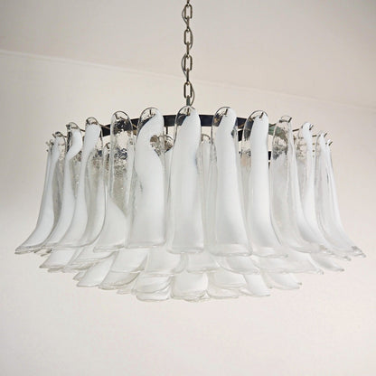Elegant White Glass Chandelier with Floral Petals & Adjustable Height