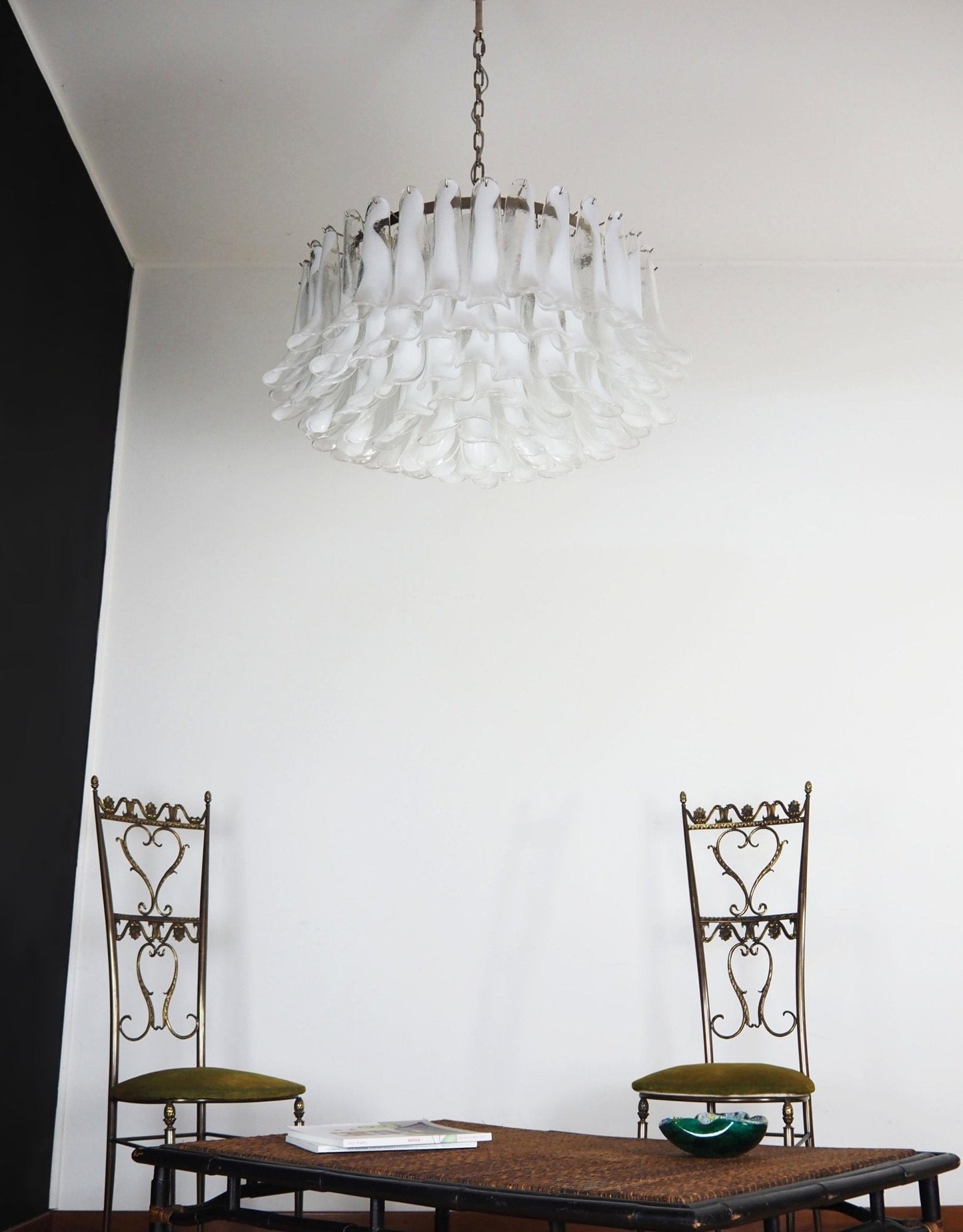 Elegant White Glass Chandelier with Floral Petals & Adjustable Height