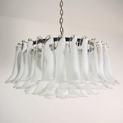 Elegant White Glass Chandelier with Floral Petals & Adjustable Height