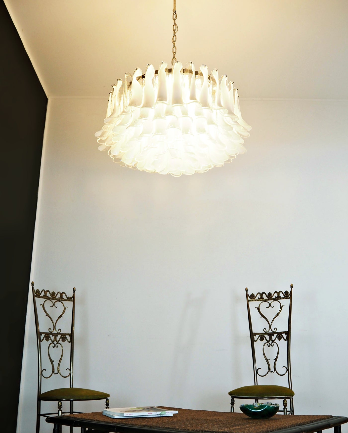 Elegant White Glass Chandelier with Floral Petals & Adjustable Height