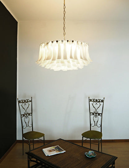 Elegant White Glass Chandelier with Floral Petals & Adjustable Height