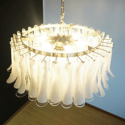 Elegant White Glass Chandelier with Floral Petals & Adjustable Height