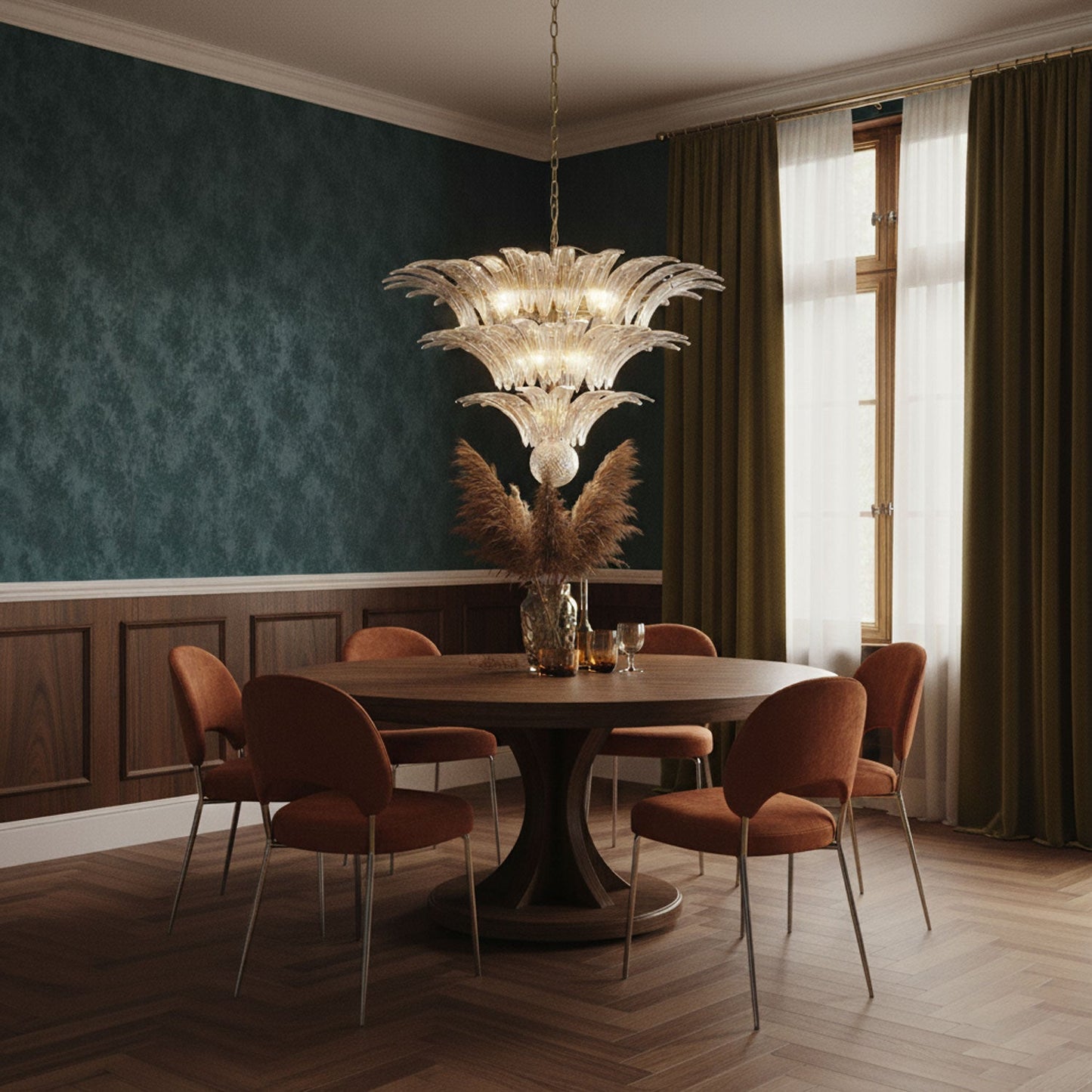 Elegant Palm Grove Glass Chandelier with Adjustable Height & LED Compa