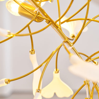 Elegant Gold & White Gingko Leaf Chandelier - Adjustable Height, LED C