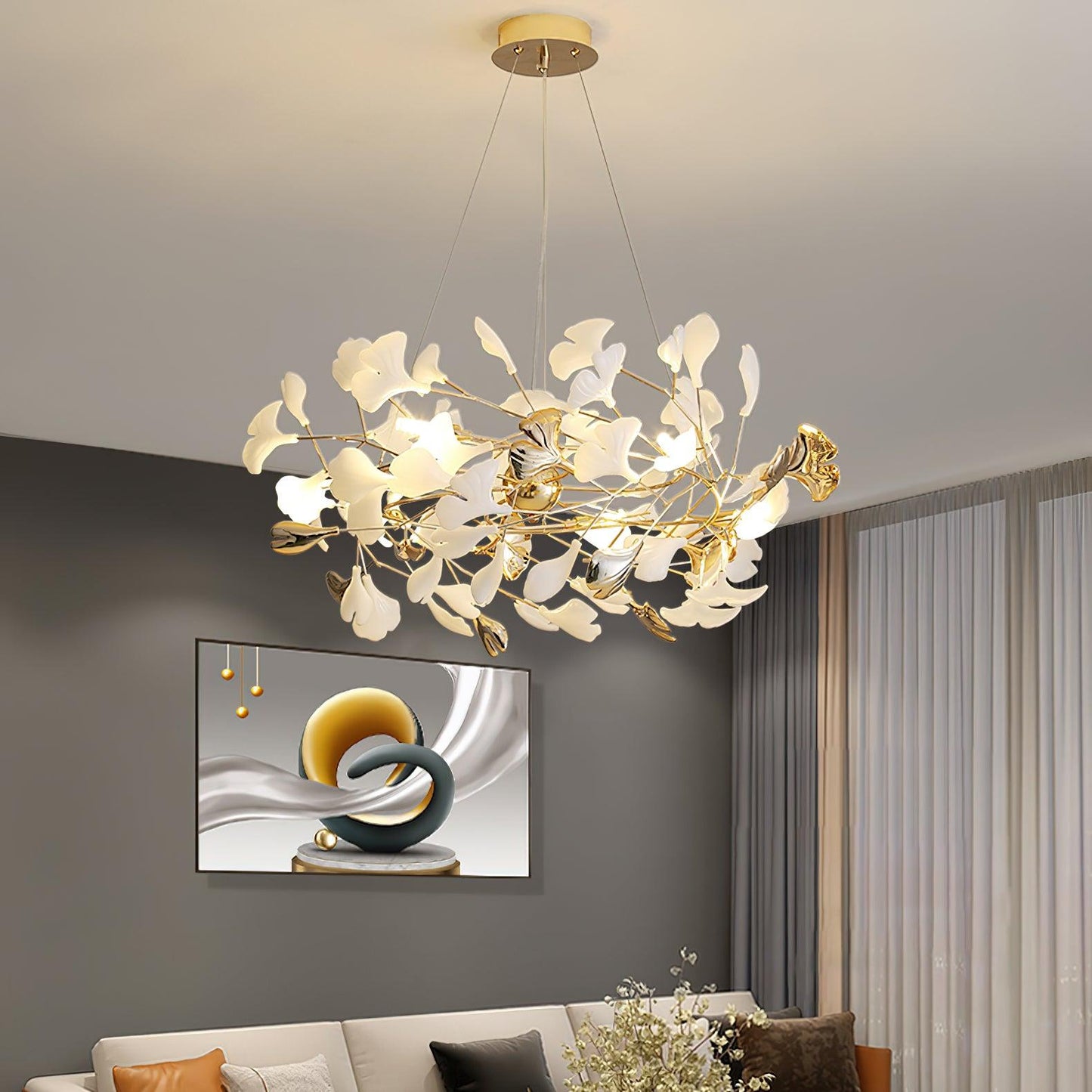 Gingko Bough Round Chandelier - Elegant Design with Adjustable Brightn