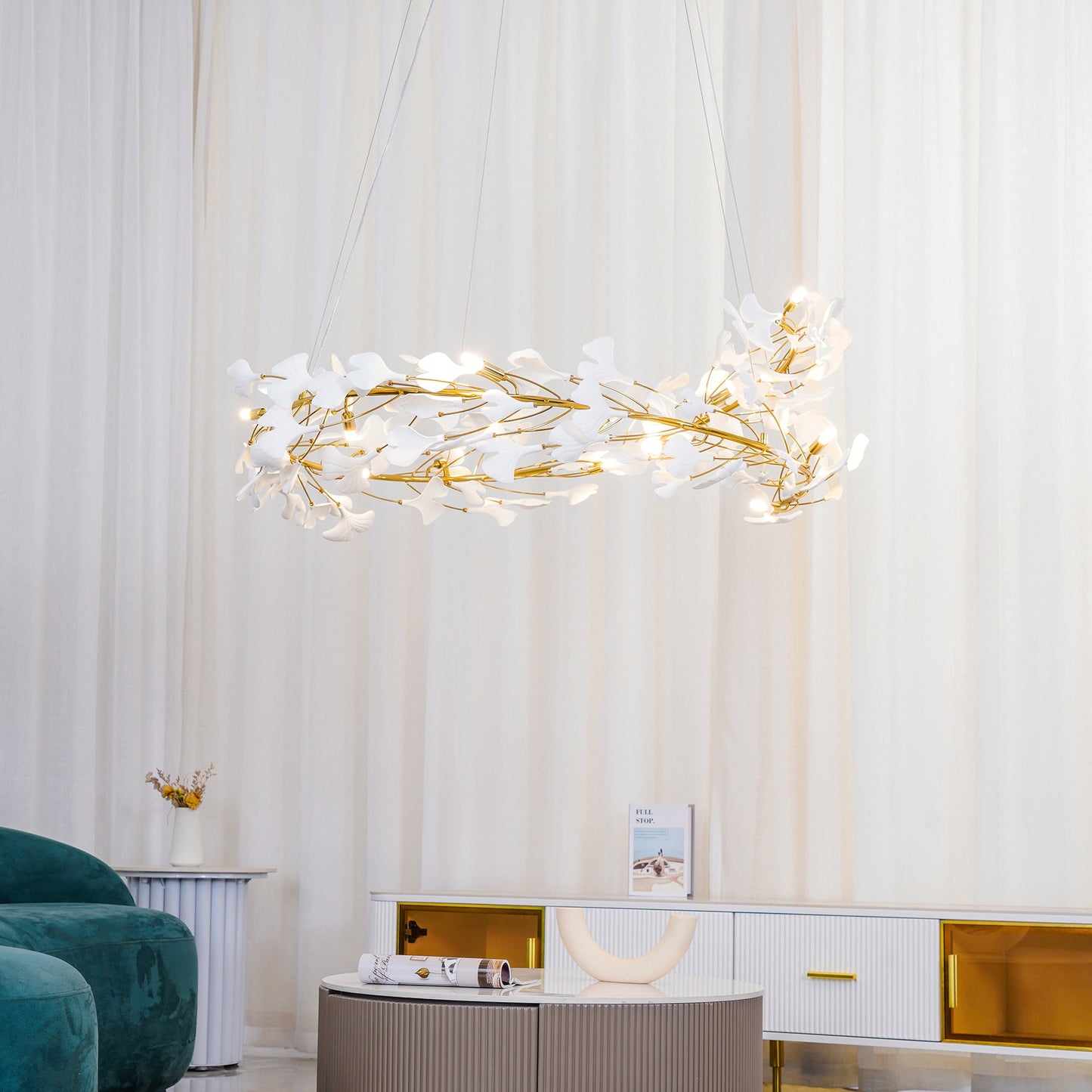 Gingko Halo Chandelier - Modern LED Lighting, Adjustable Height & Dimm