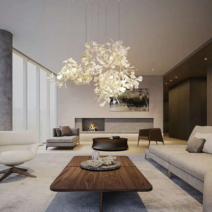 Elegant Gold & White Gingko Leaf Chandelier - Adjustable Height, LED C