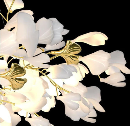 Elegant Gold & White Gingko Leaf Chandelier - Adjustable Height, LED C
