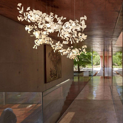 Elegant Gold & White Gingko Leaf Chandelier - Adjustable Height, LED C