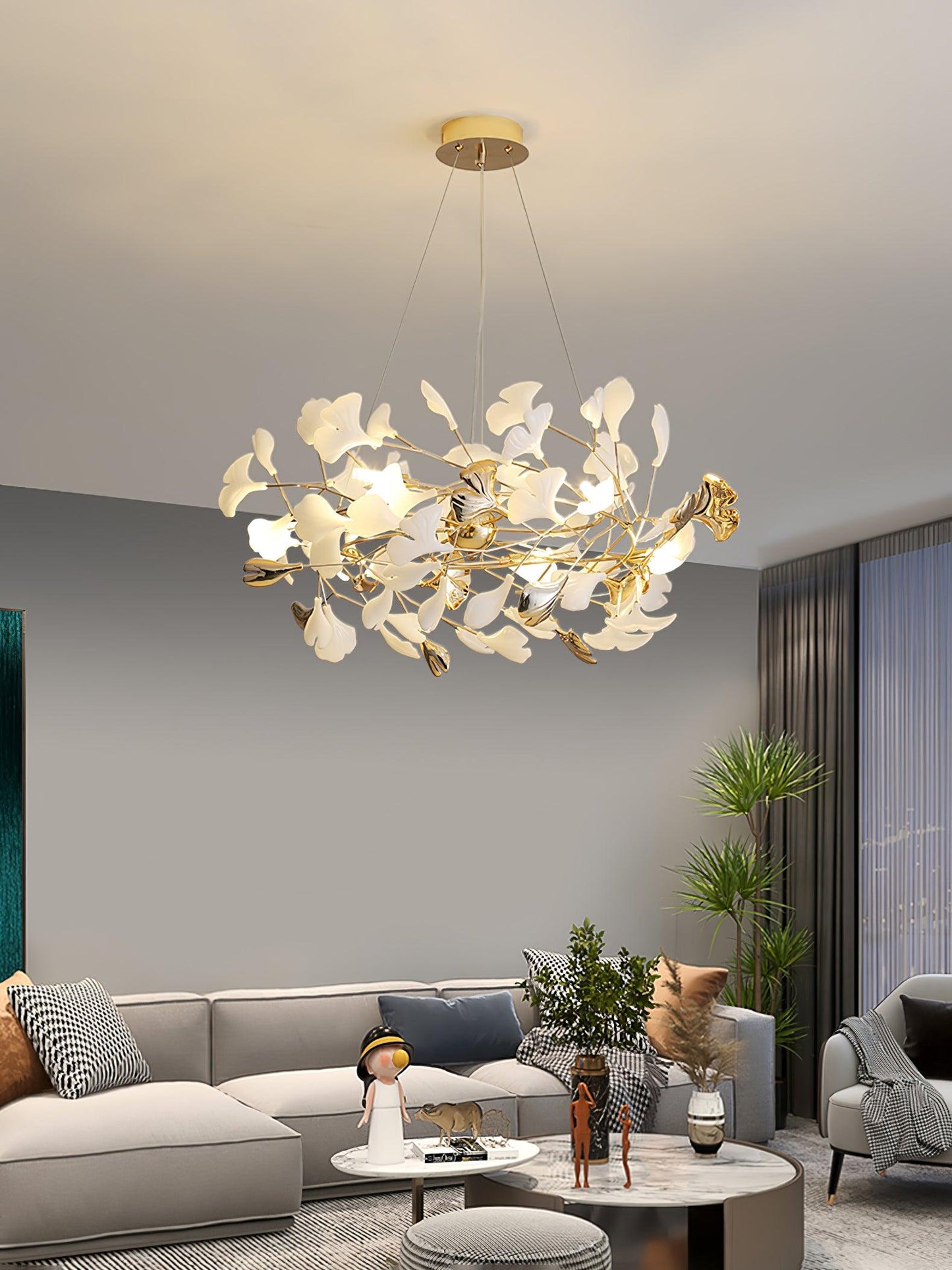 Gingko Bough Round Chandelier - Elegant Design with Adjustable Brightn