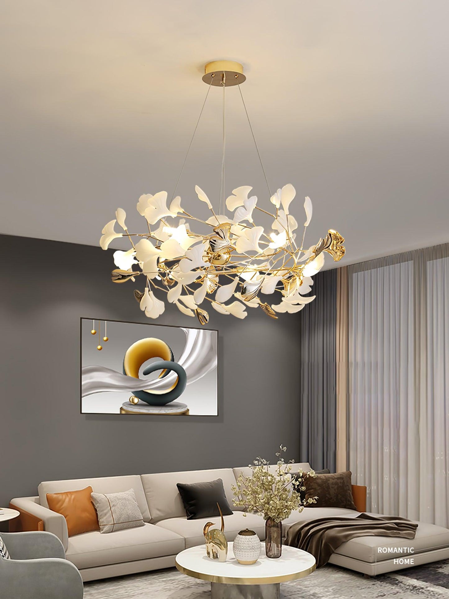 Gingko Bough Round Chandelier - Elegant Design with Adjustable Brightn