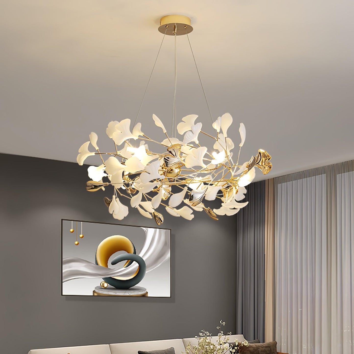 Gingko Bough Round Chandelier - Elegant Design with Adjustable Brightn