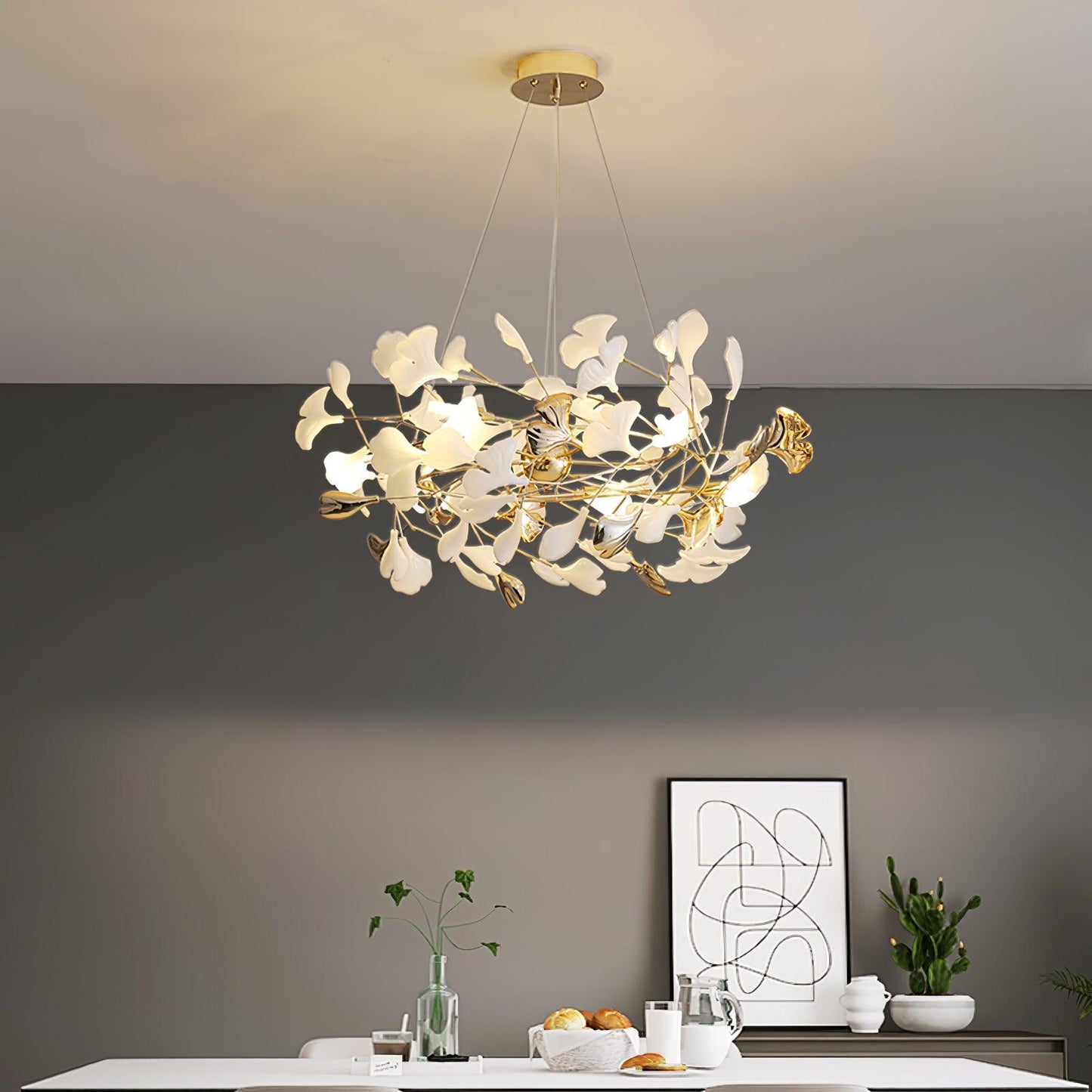 Gingko Bough Round Chandelier - Elegant Design with Adjustable Brightn