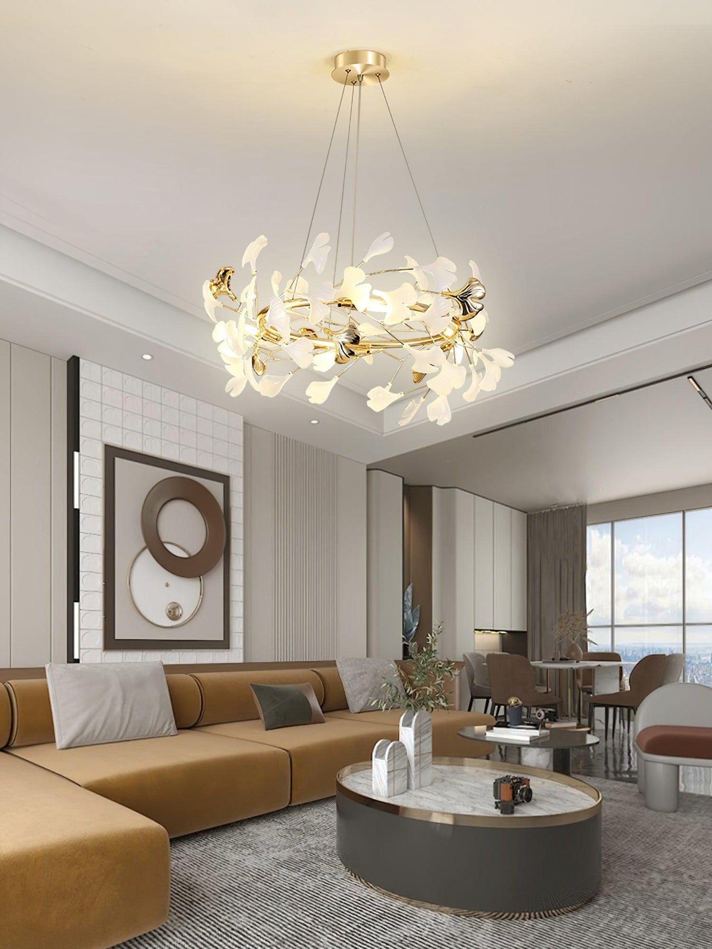 Gingko Halo Chandelier - Modern LED Lighting, Adjustable Height & Dimm