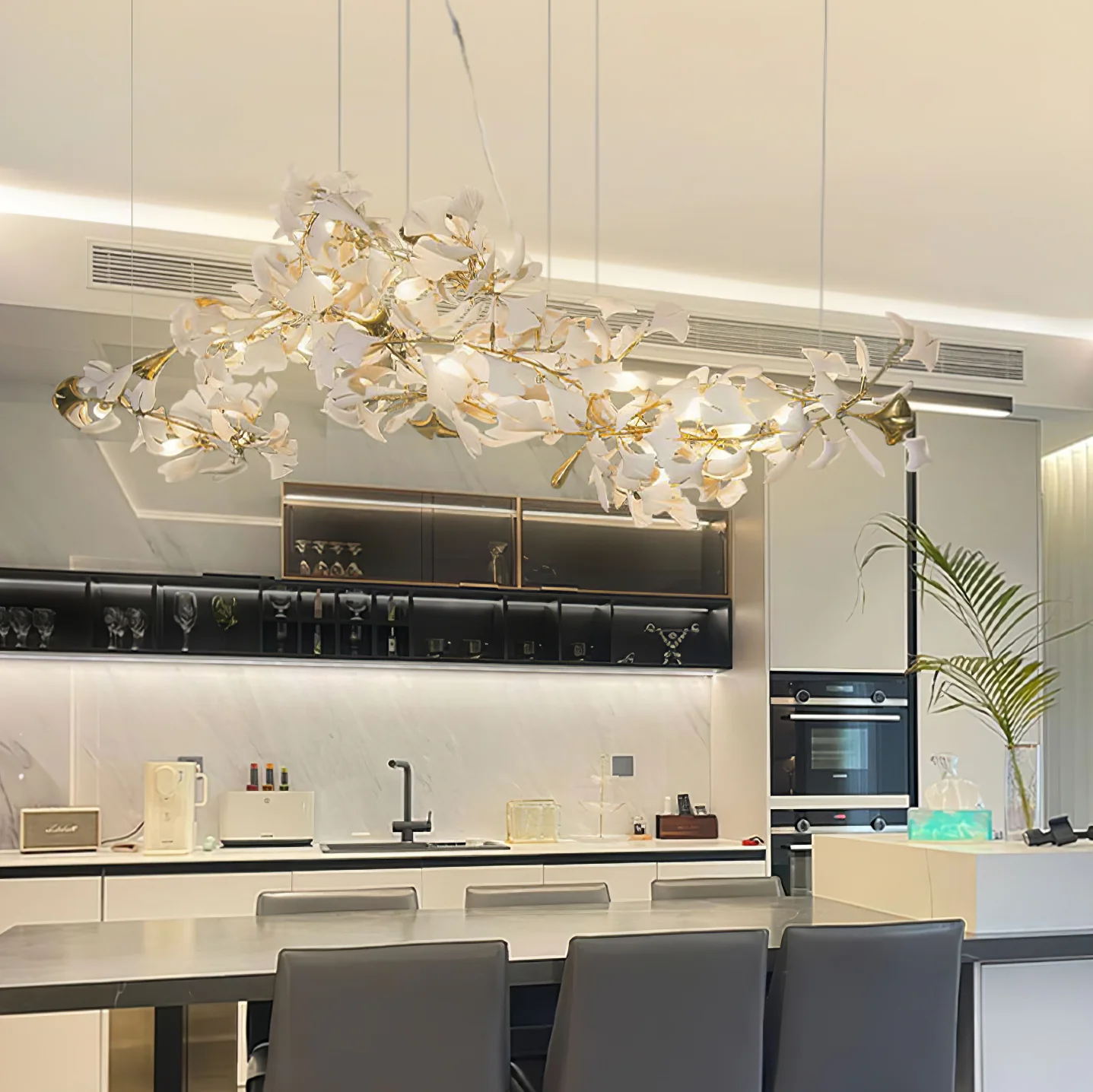 Elegant Gold & White Gingko Leaf Chandelier - Adjustable Height, LED C