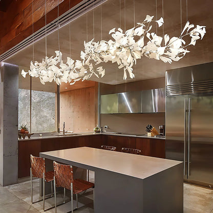 Elegant Gold & White Gingko Leaf Chandelier - Adjustable Height, LED C