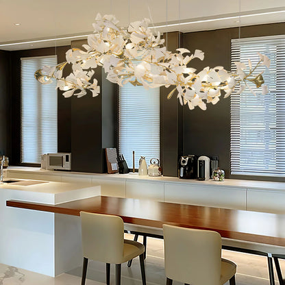 Elegant Gold & White Gingko Leaf Chandelier - Adjustable Height, LED C