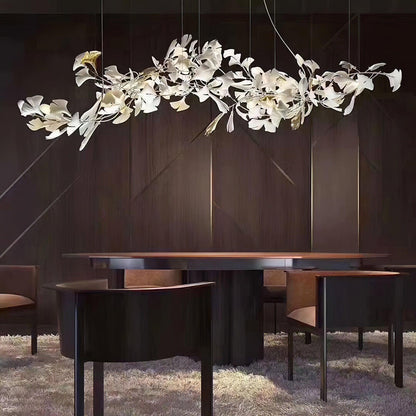 Elegant Gold & White Gingko Leaf Chandelier - Adjustable Height, LED C