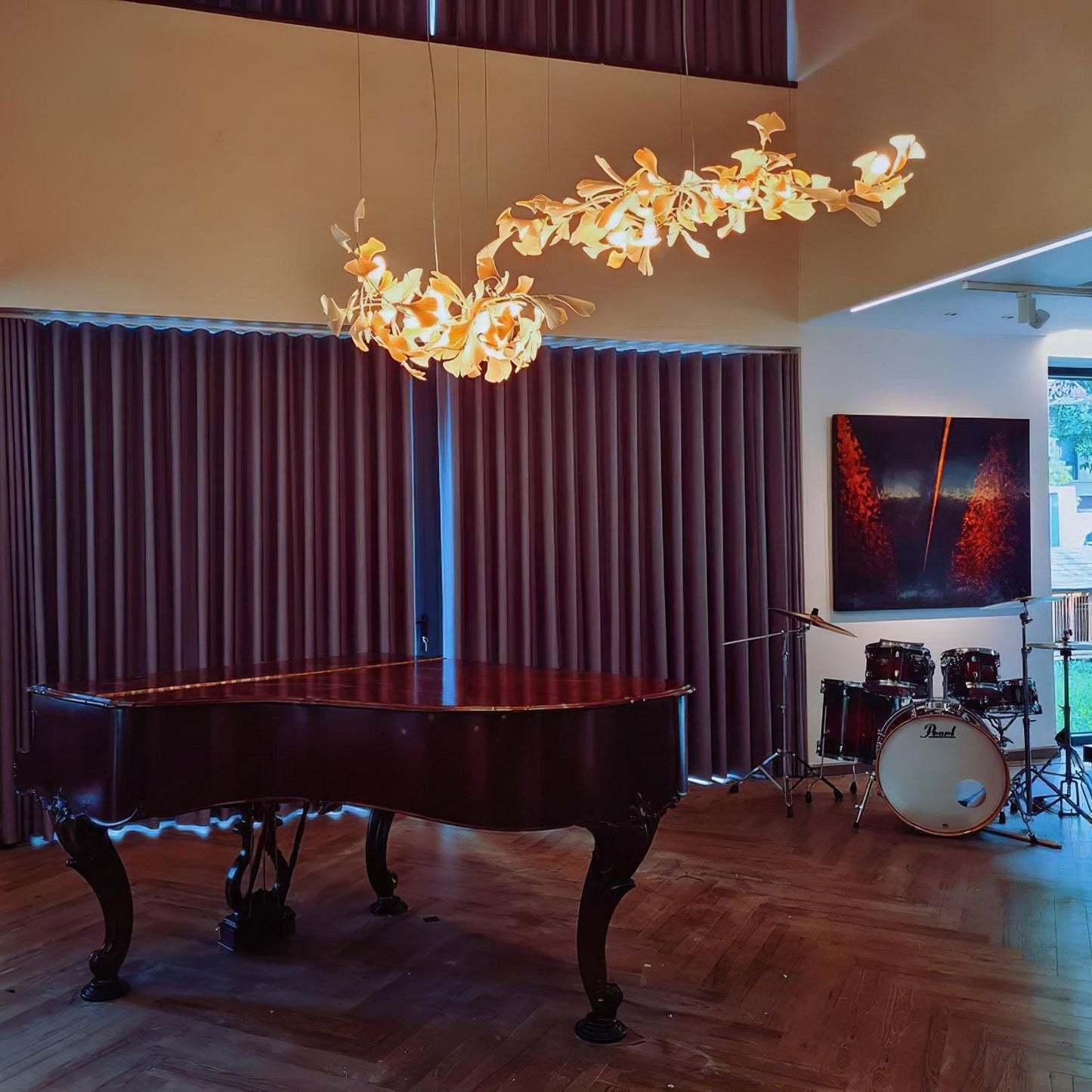 Elegant Gold & White Gingko Leaf Chandelier - Adjustable Height, LED C