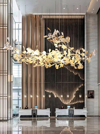 Elegant Gold & White Gingko Leaf Chandelier - Adjustable Height, LED C