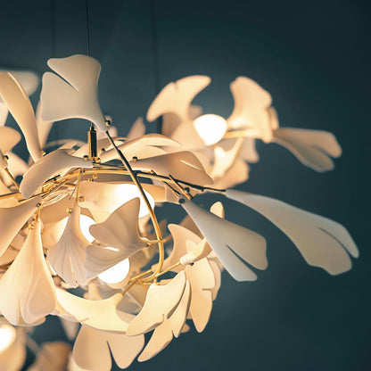 Elegant Gold & White Gingko Leaf Chandelier - Adjustable Height, LED C