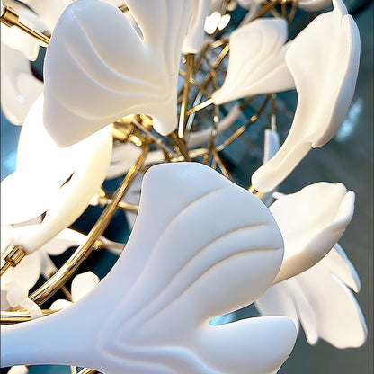 Elegant Gold & White Gingko Leaf Chandelier - Adjustable Height, LED C