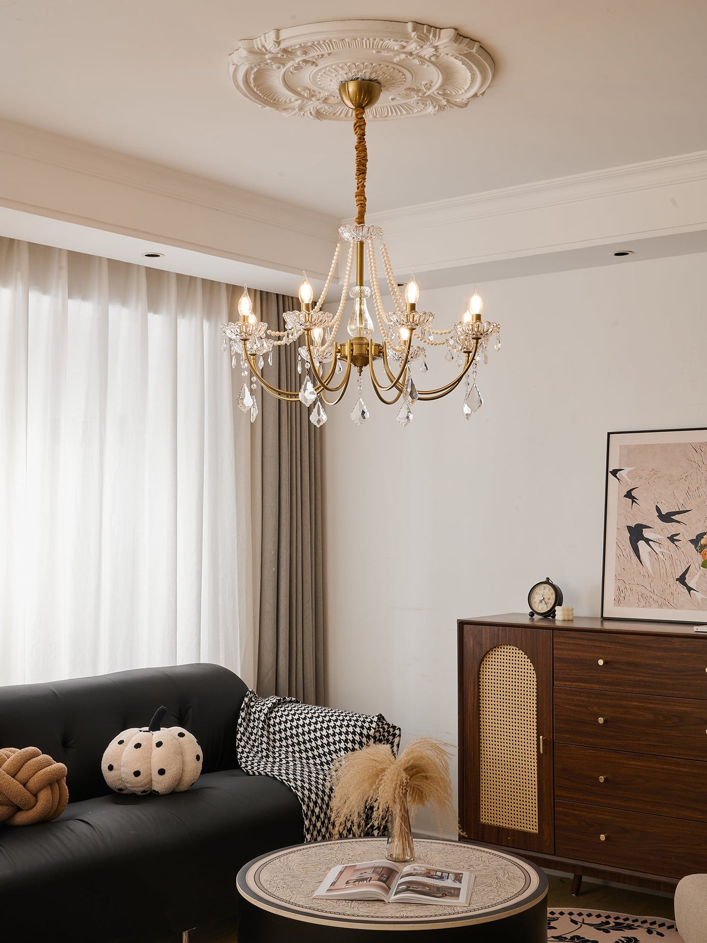 Elegant Pearl Chandelier - Dimmable Lighting & Crystal Accents