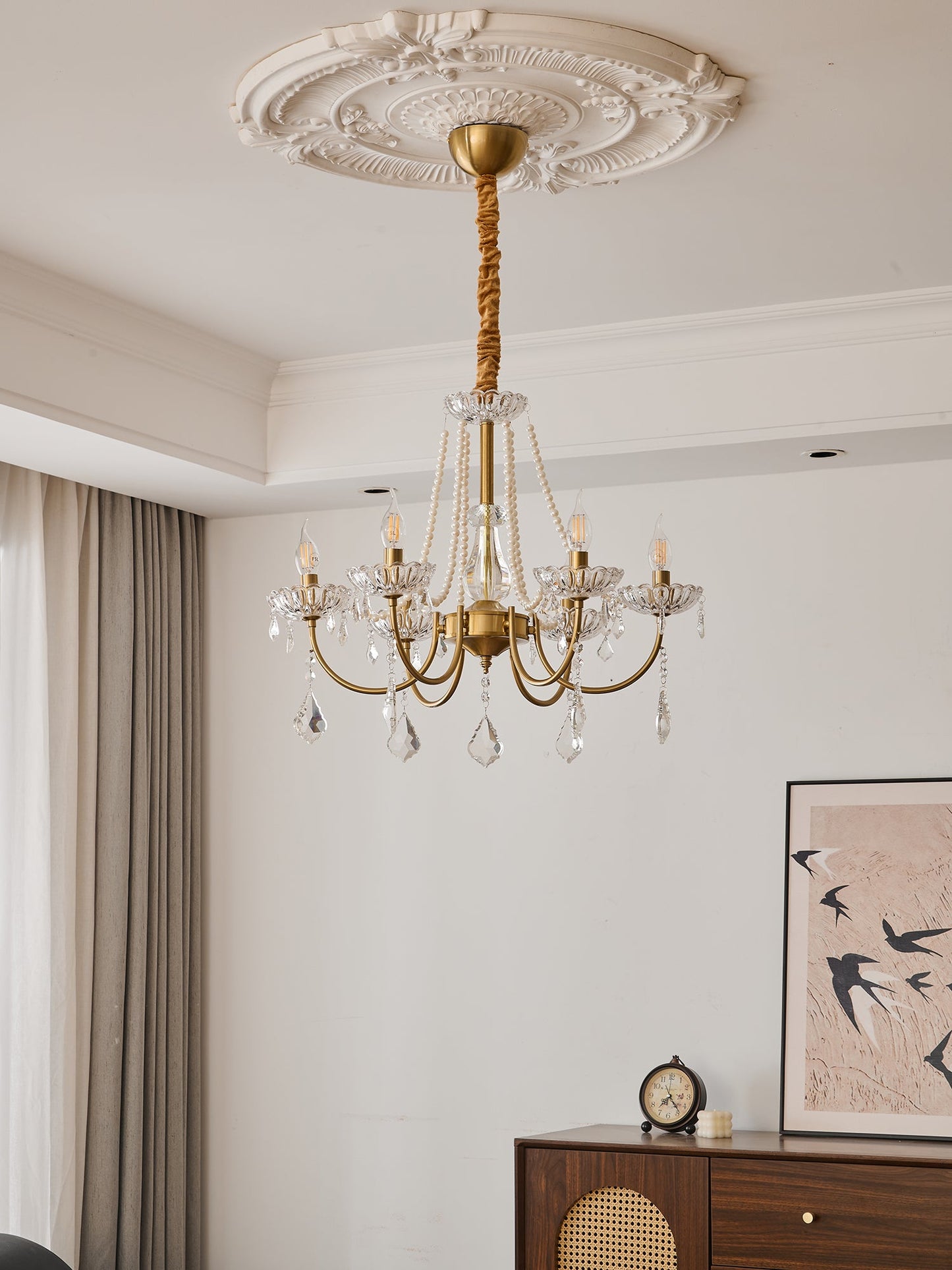 Elegant Pearl Chandelier - Dimmable Lighting & Crystal Accents